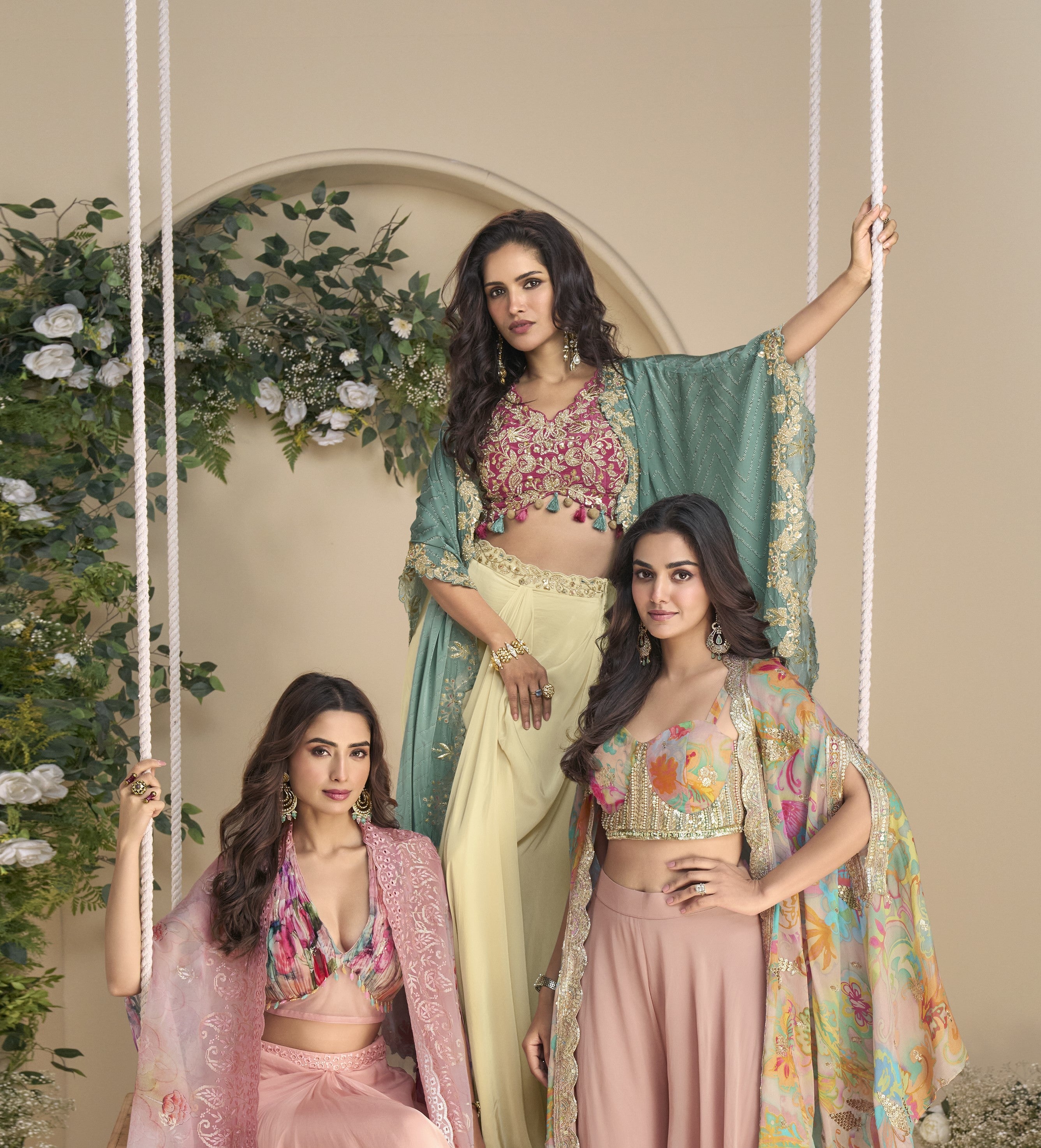 Amulya Salmon Fusion Wear Drape skirt Set