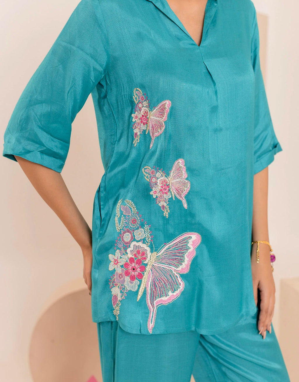 Iti Cyan Embroidery Cotton Co-ord Set
