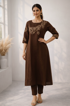 Mishka Coffee Embroidered Kurta Pant Set