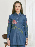 Kipling rose embroidery denim co-ord set