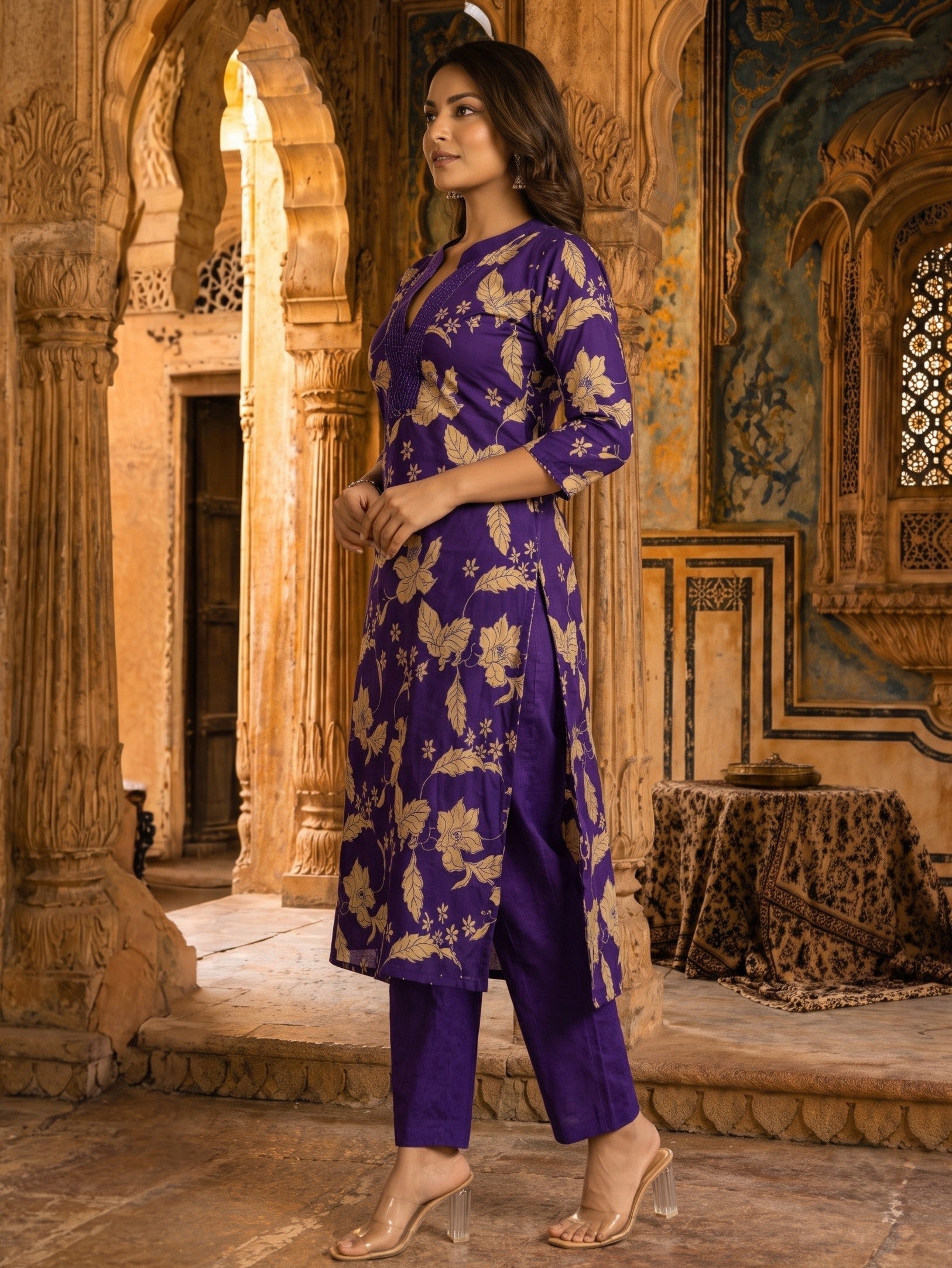 SASHA ORCHID PRINTED COTTON KURTA PANT SET