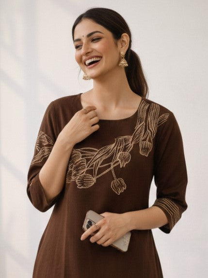 Mishka Coffee Embroidered Kurta Pant Set