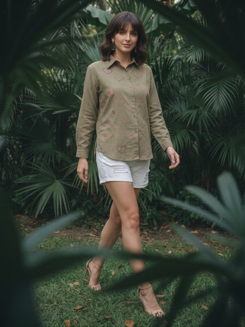 Ivanka olive embroidery cotton shirt