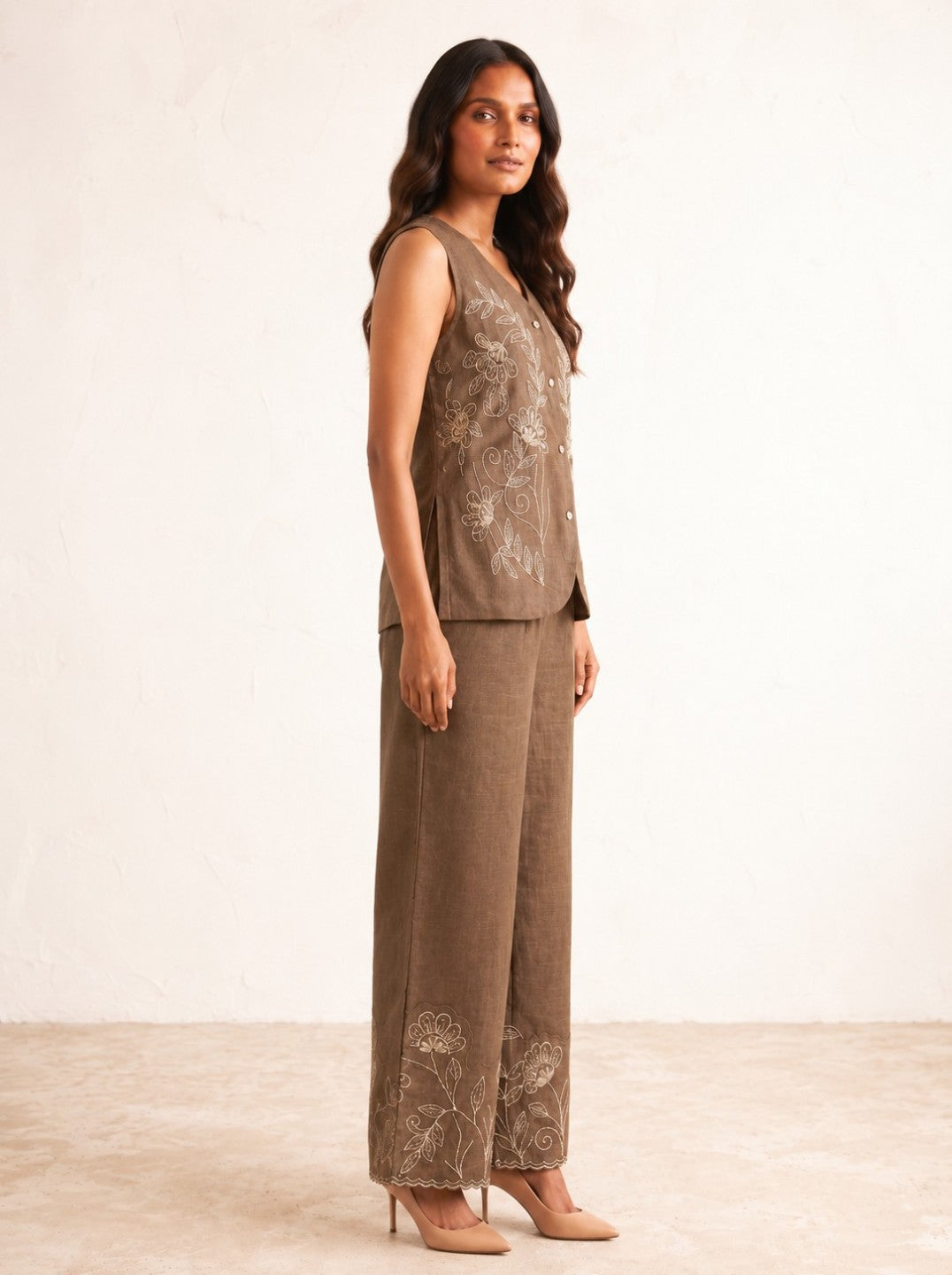 Mihika Hazelnut embroidery waist coat pant set