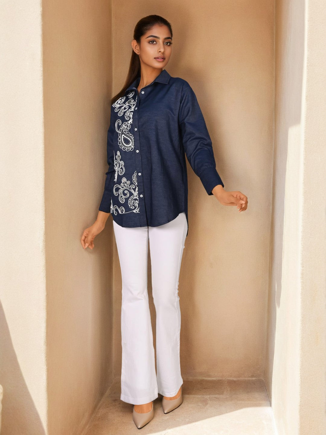 Sharanya hibis Embroidery denim shirt