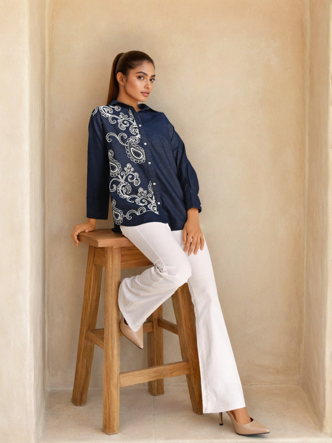 Sharanya hibis Embroidery denim shirt