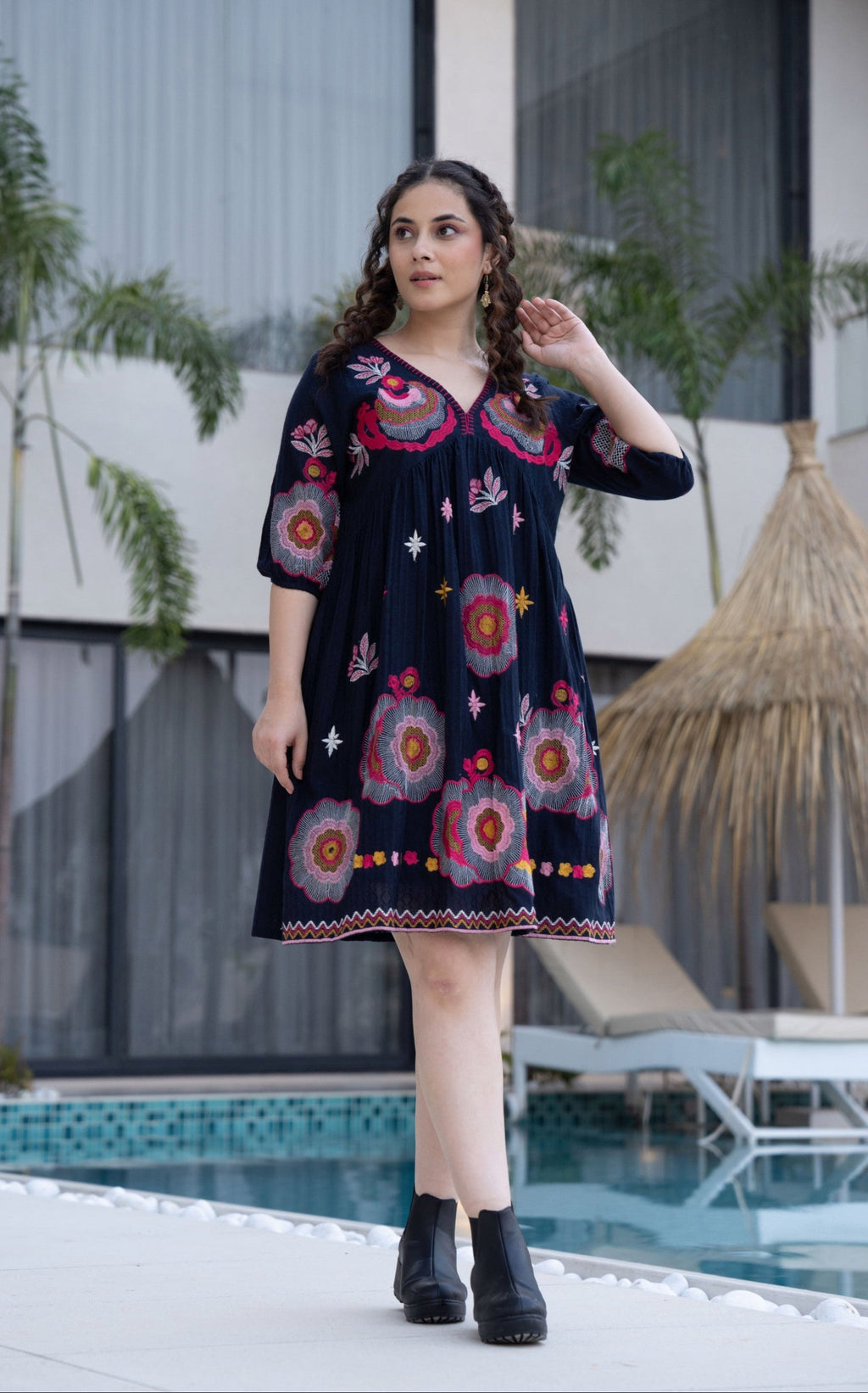 Hemal Azure Cotton Embroidery Dress