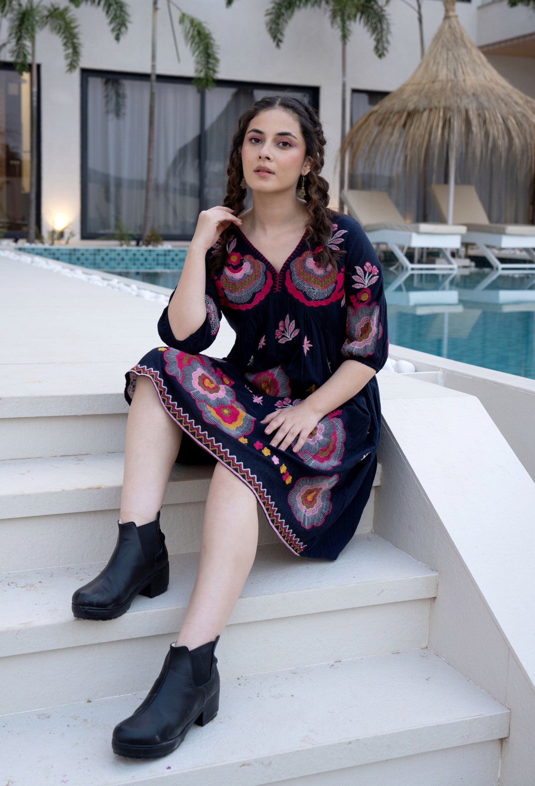 Hemal Azure Cotton Embroidery Dress