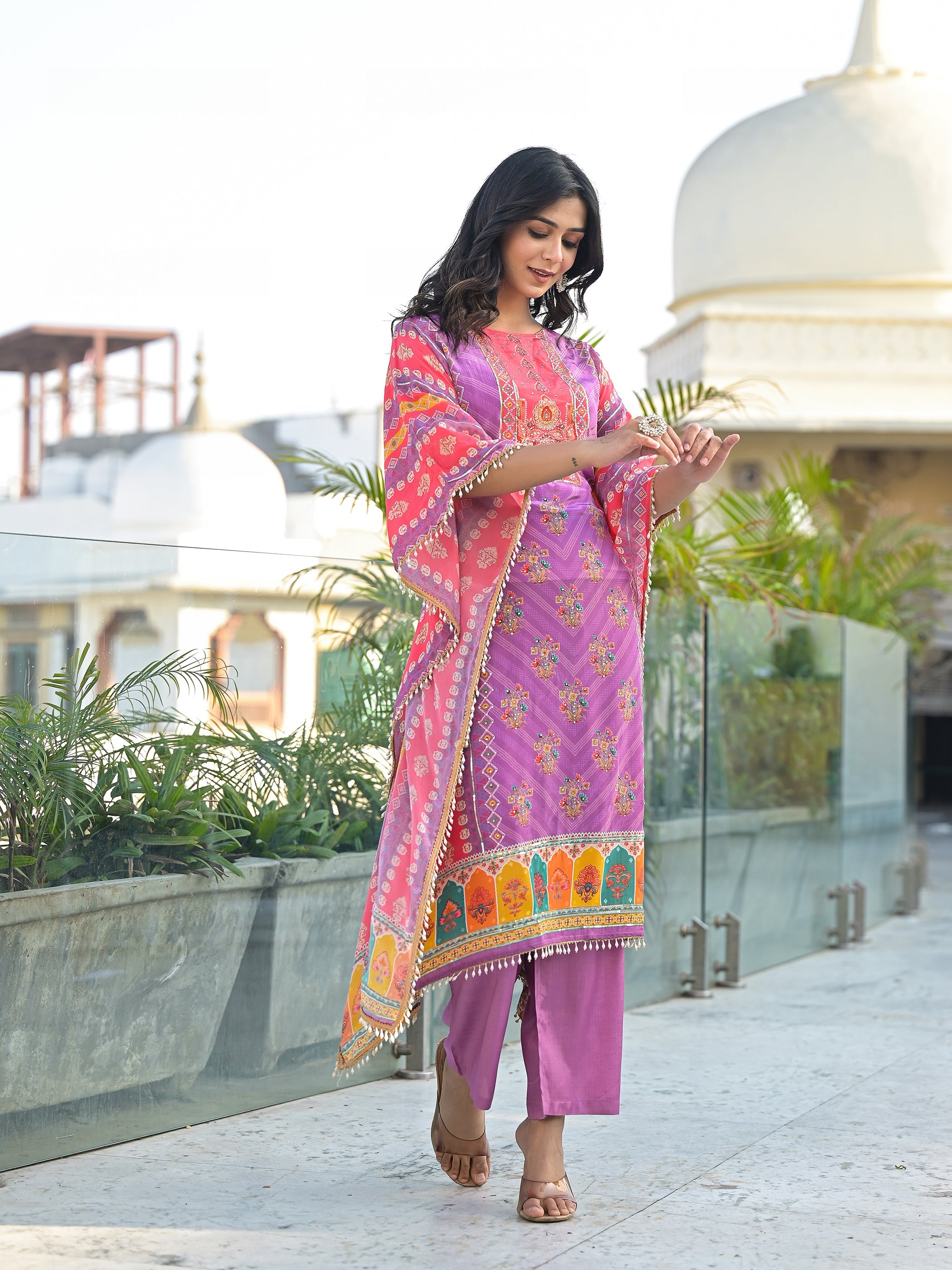 Mehna Lilac Full Heavy Work Kaftan Pant Set