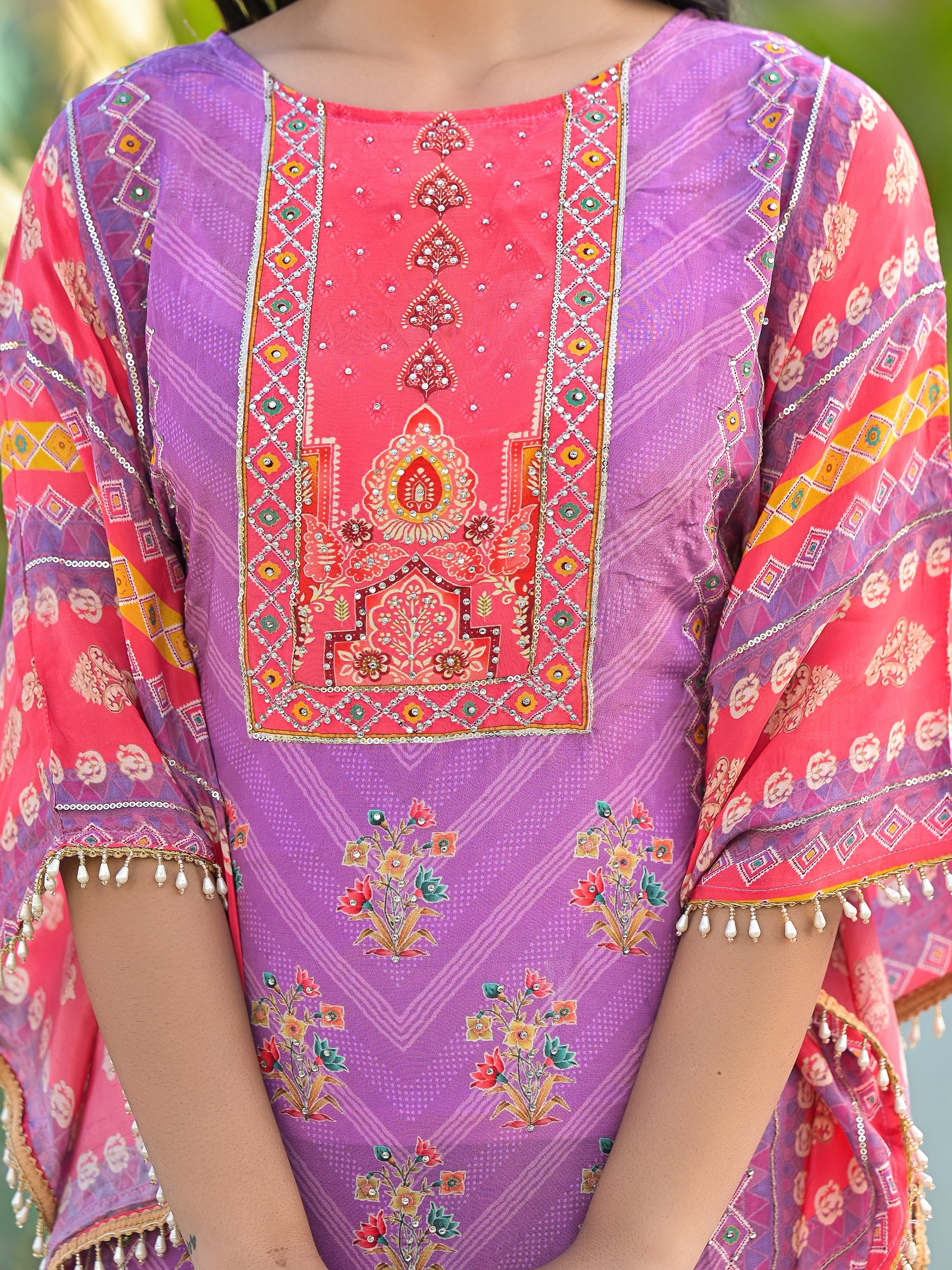 Mehna Lilac Full Heavy Work Kaftan Pant Set