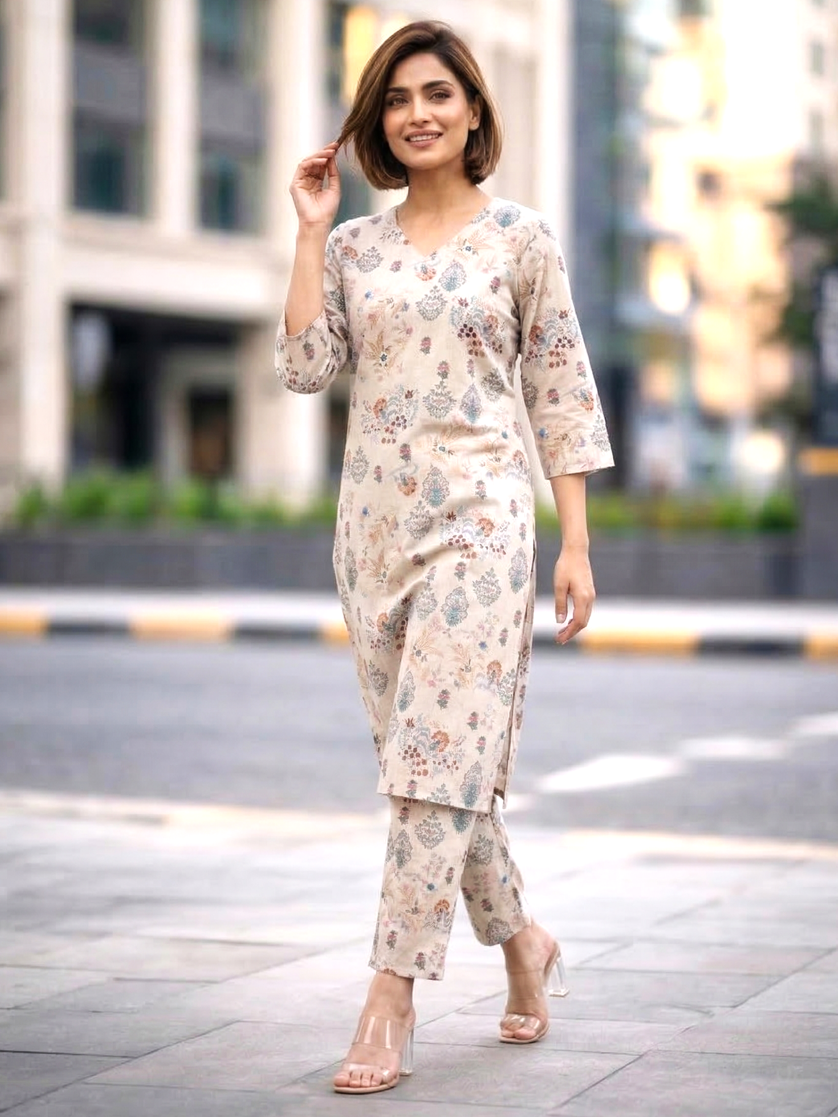 Bindiya Pearl Linen Printed Kurta Pant Set