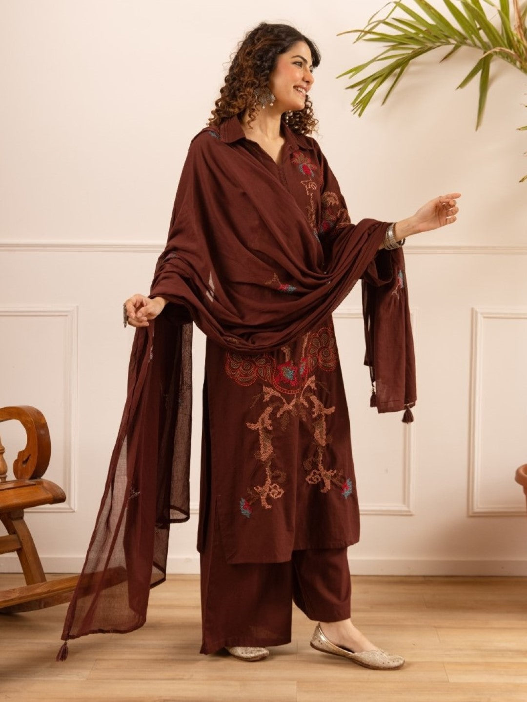 Karen chestnut embroidery cotton suit set