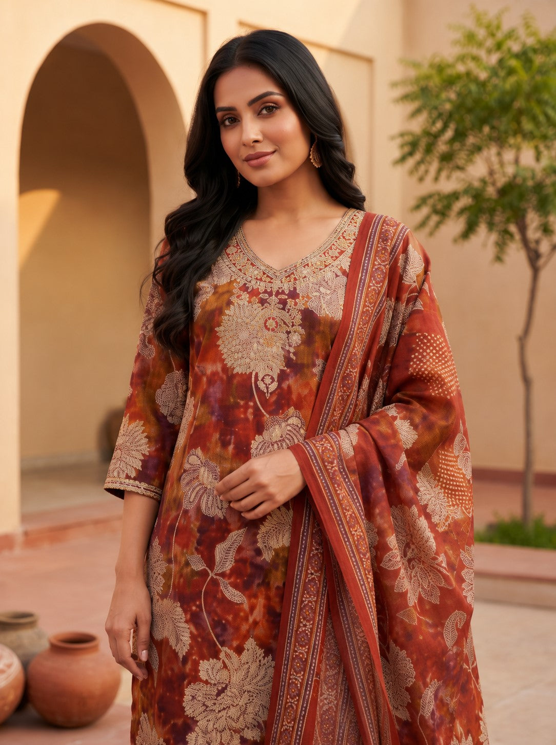 Hitakshi Rust Printed Work Suit Set