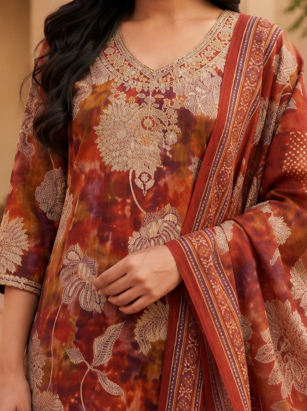 Hitakshi Rust Printed Work Suit Set