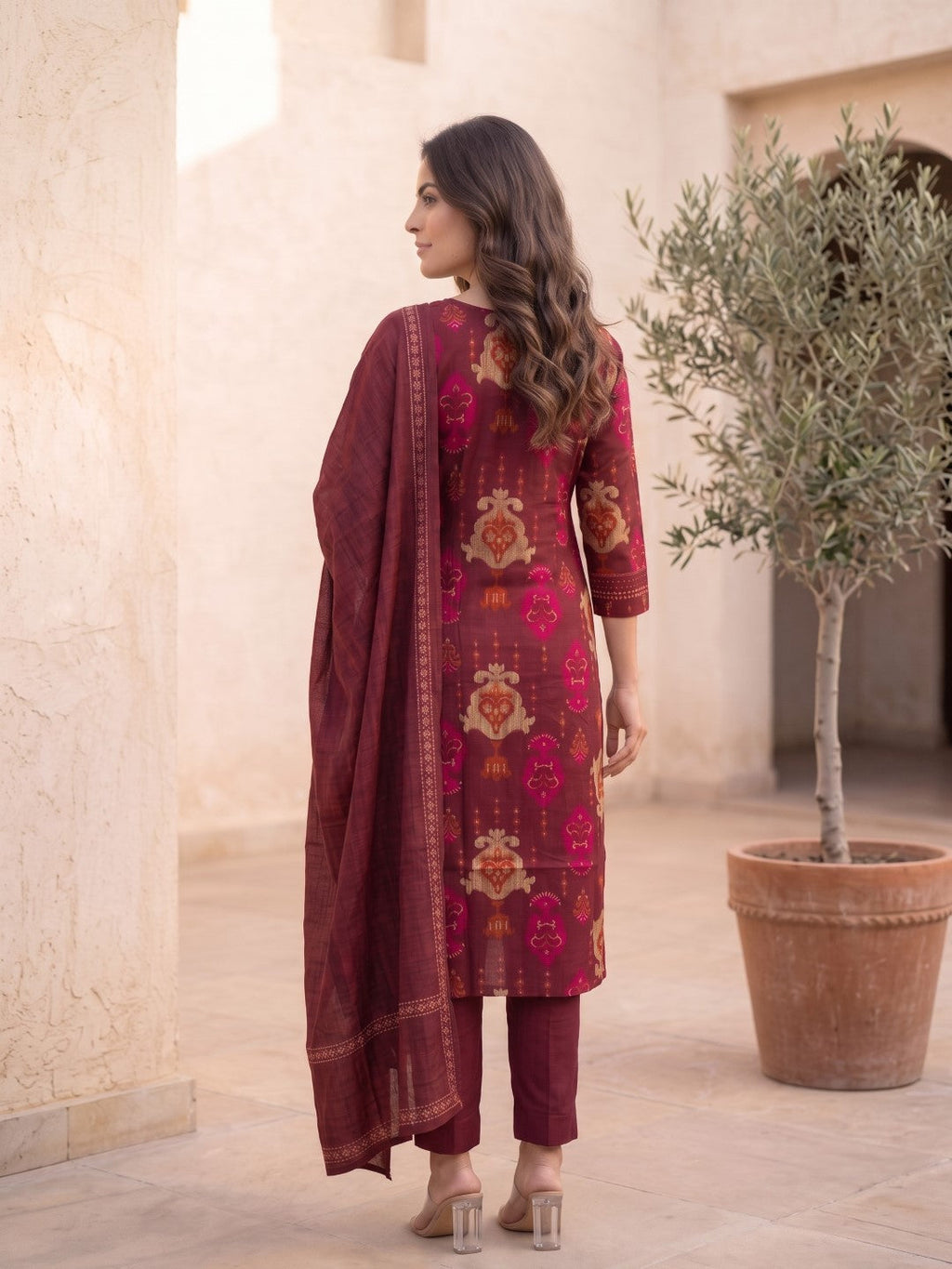 Myra Merlot Printed Work Suit Set