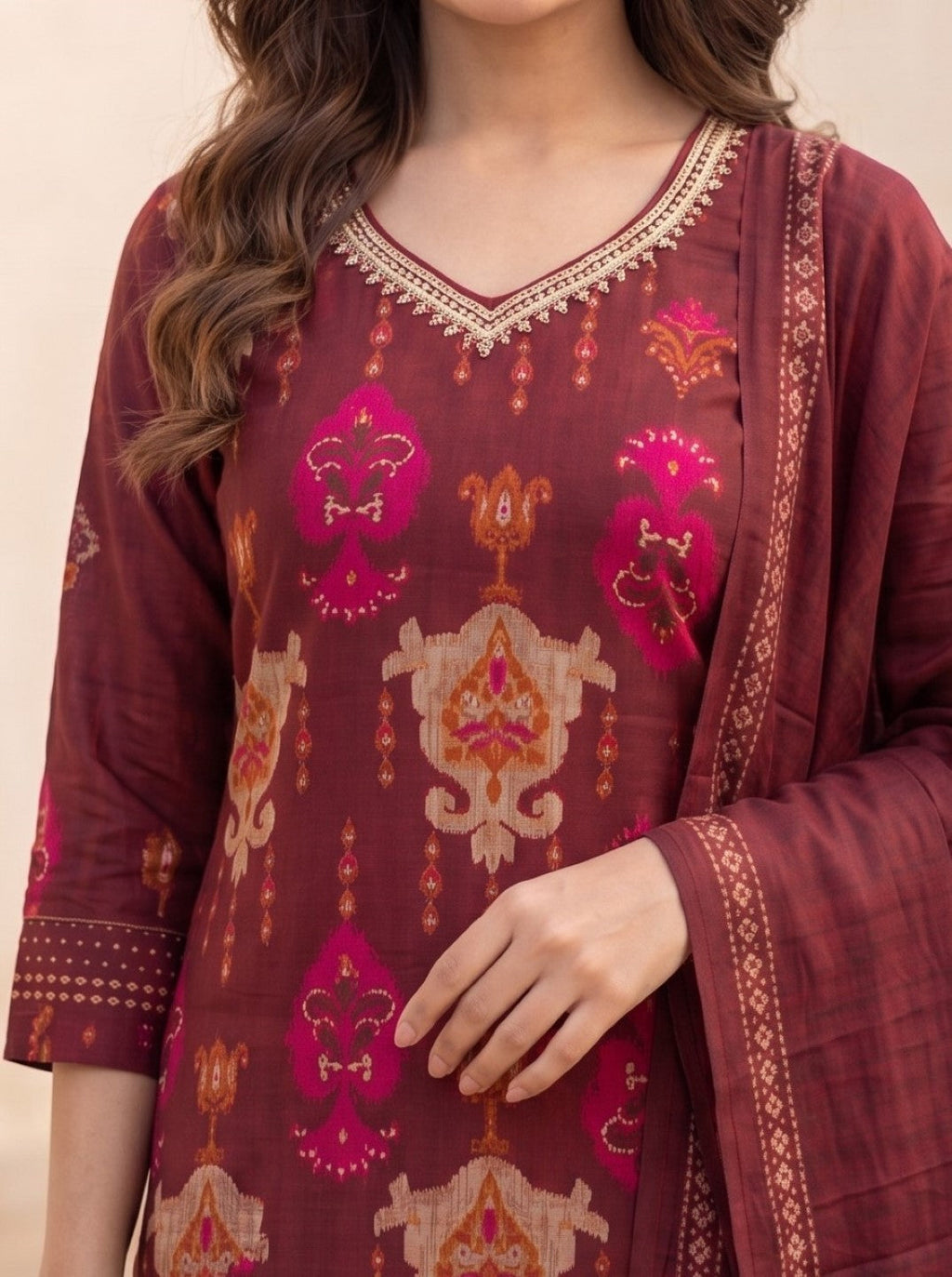 Myra Merlot Printed Work Suit Set