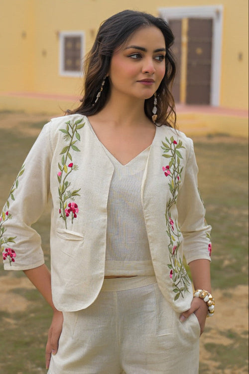 Mayri Pearl embroidery Cotton Jacket Co-ord set